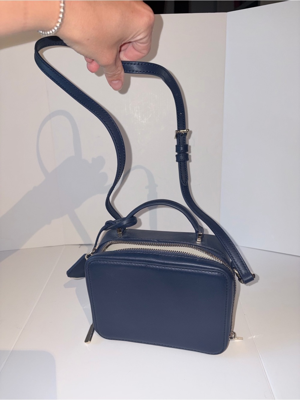 Navy Leather Camera Crossbody Bag with Top Handle
